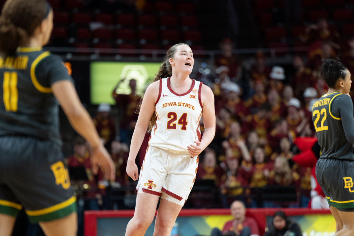 Addy Brown runs to the Iowa State bench after Baylor calls a timeout at Hilton Coliseum on Jan. 13, 2024.