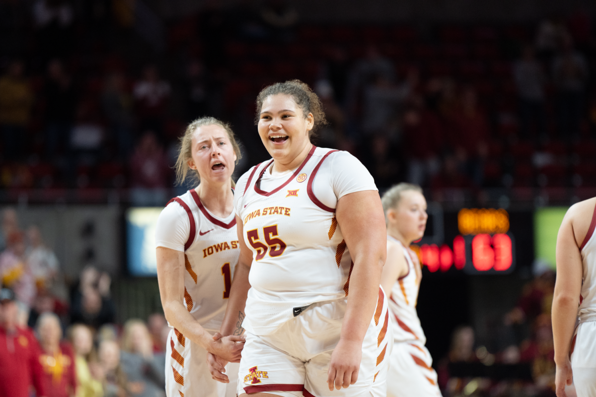 Audi Crooks cant help but smile after she makes a layup while getting fouled late in the game against Baylor at Hilton Coliseum on Jan. 13, 2024.