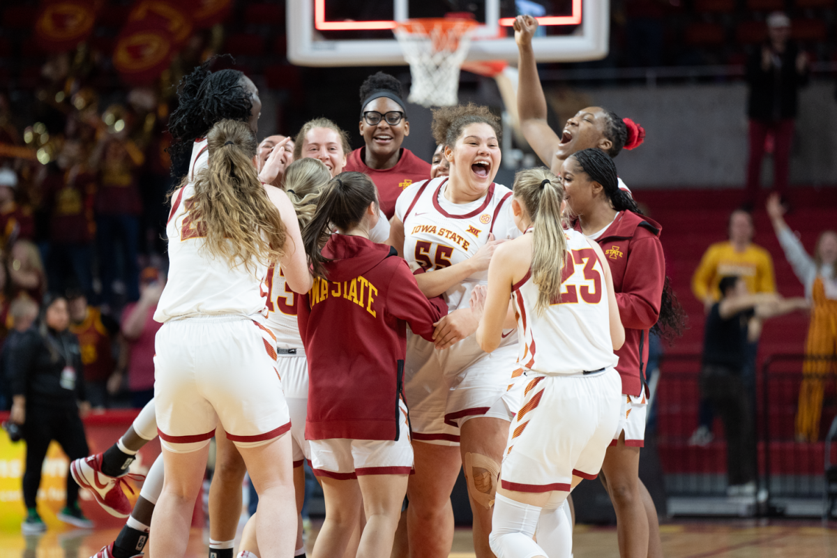 The Iowa State womens basketball team celebrates after Iowa State defeats Baylor 66-63 at Hilton Coliseum on Jan. 13, 2024.