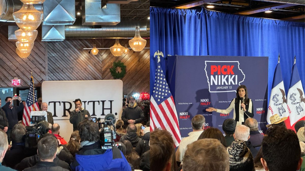 Ames hosts two visits from presidential candidates one day away from the Iowa Caucuses on Jan. 14, 2024. Entrepreneur Vivek Ramaswamy speaks at an event at Sweet Carolines and former South Carolina Gov. Nikki Haley speaks at Jethros.