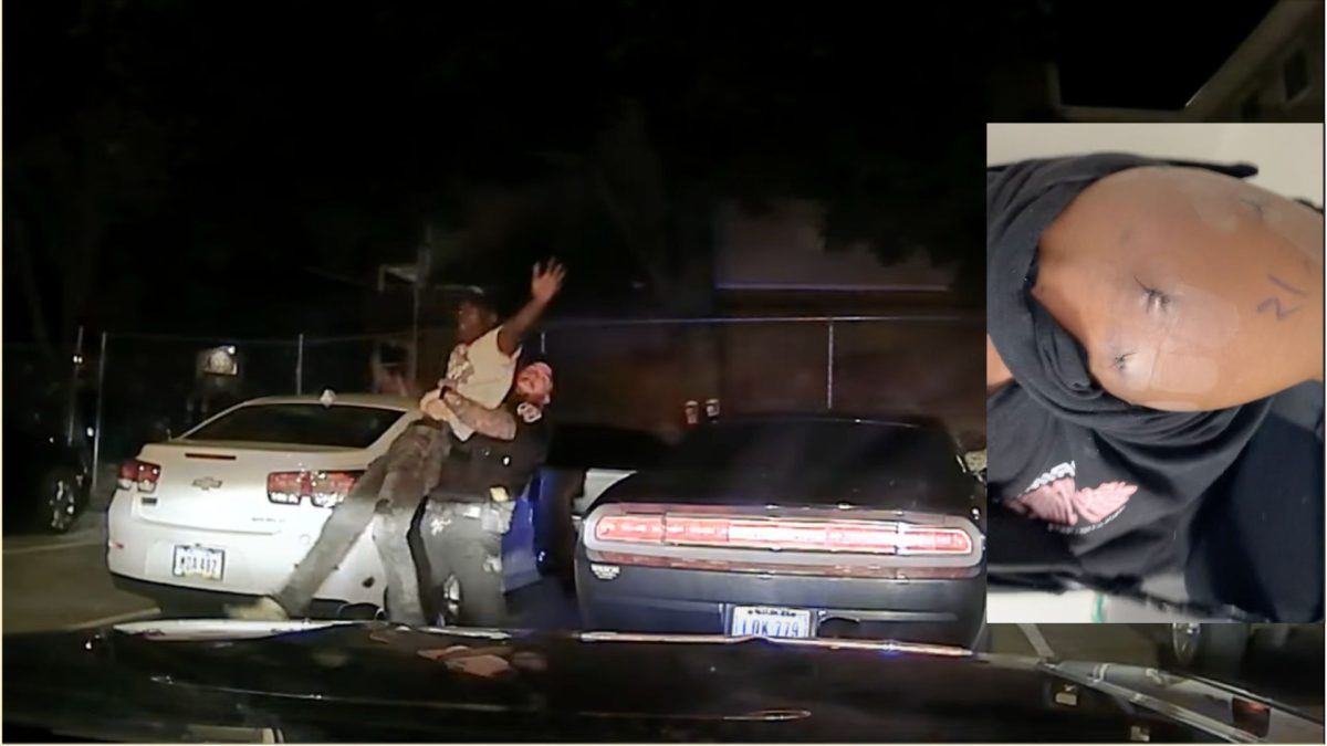 A screenshot from an ISUPD dash cam after Dariq Myles is lifted up by an ISUPD Officer Frankie Contreras during a traffic stop on Aug. 12, 2023. Alongside it is an image provided by Myles that shows the stitches he received in his shoulder as a result of his injuries.