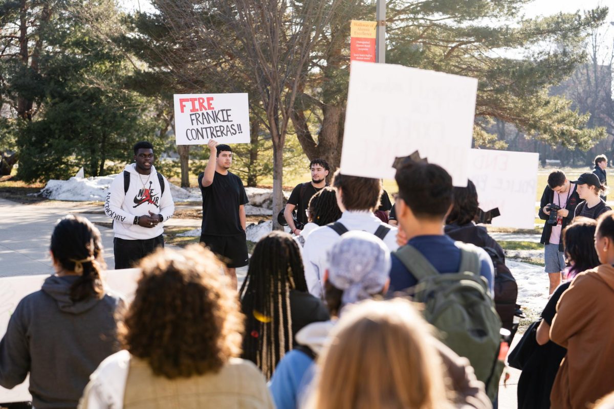 Color of Love organized protest attendees gather outside of Park's Library on Feb. 1, 2024.