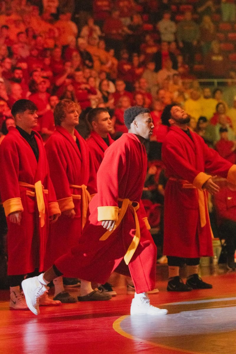 David Carr is introduced during the Iowa State vs West Virginia wrestling dual on Feb. 2, 2024 at Hilton Coliseum.