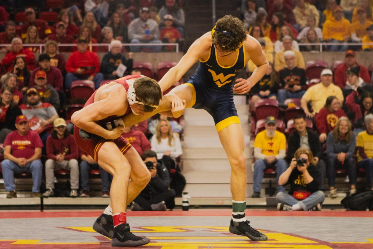 Evan Frost during the Iowa State vs West Virginia wrestling dual on Feb. 2, 2024 at Hilton Coliseum.