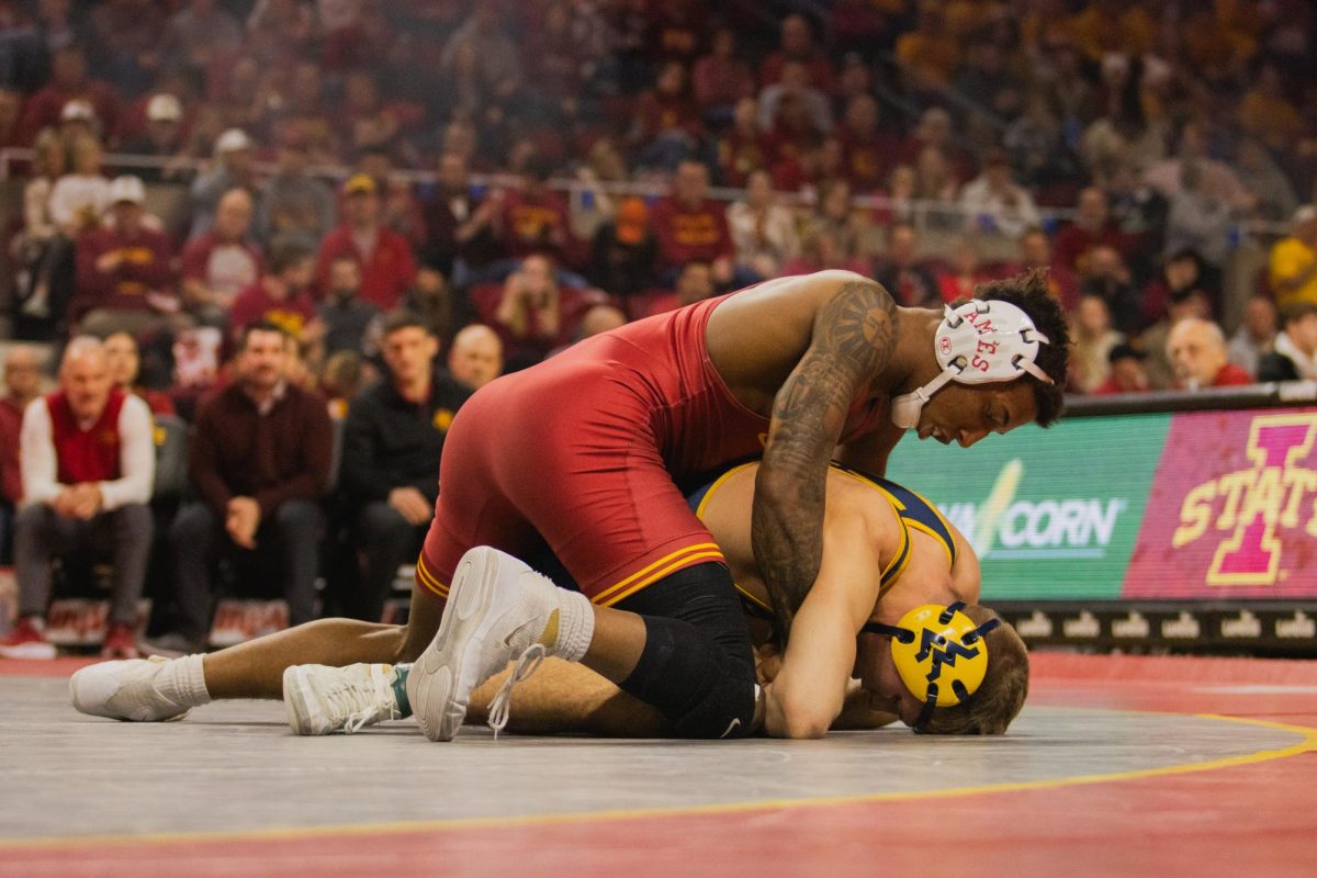 David Carr wrestling during the Iowa State vs West Virginia wrestling dual on Feb. 2, 2024 at Hilton Coliseum.