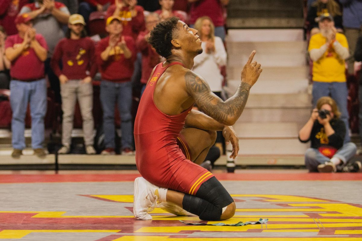 David Carr after winning his match during the Iowa State vs West Virginia wrestling dual on Feb. 2, 2024 at Hilton Coliseum.