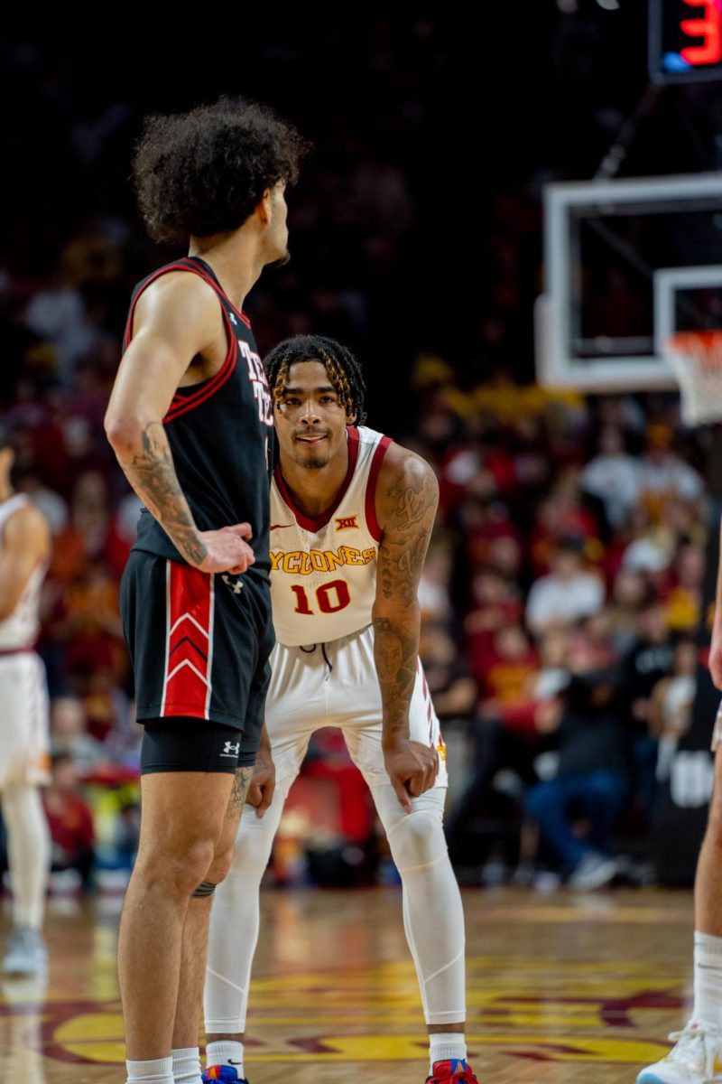 Keshon Gilbert setting up for an inbound play during the Iowa State vs Texas Tech game, Hilton Coliseum, Feb. 17, 2024.