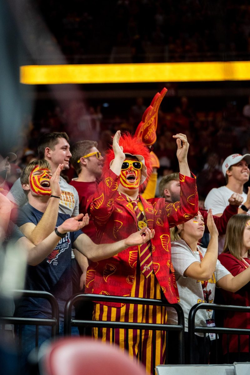 Iowa State students cheering on the team during the Iowa State vs Texas Tech game, Hilton Coliseum, Feb. 17, 2024.