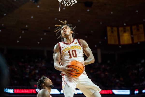Keshon Gilbert after a foul is called during the Iowa State vs Texas Tech game, Hilton Coliseum, Feb. 17, 2024.