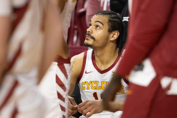 Robert Jones waits for his name during the starting lineup before the Iowa State vs. West Virginia basketball game at Hilton Coliseum, Feb. 24, 2024.
