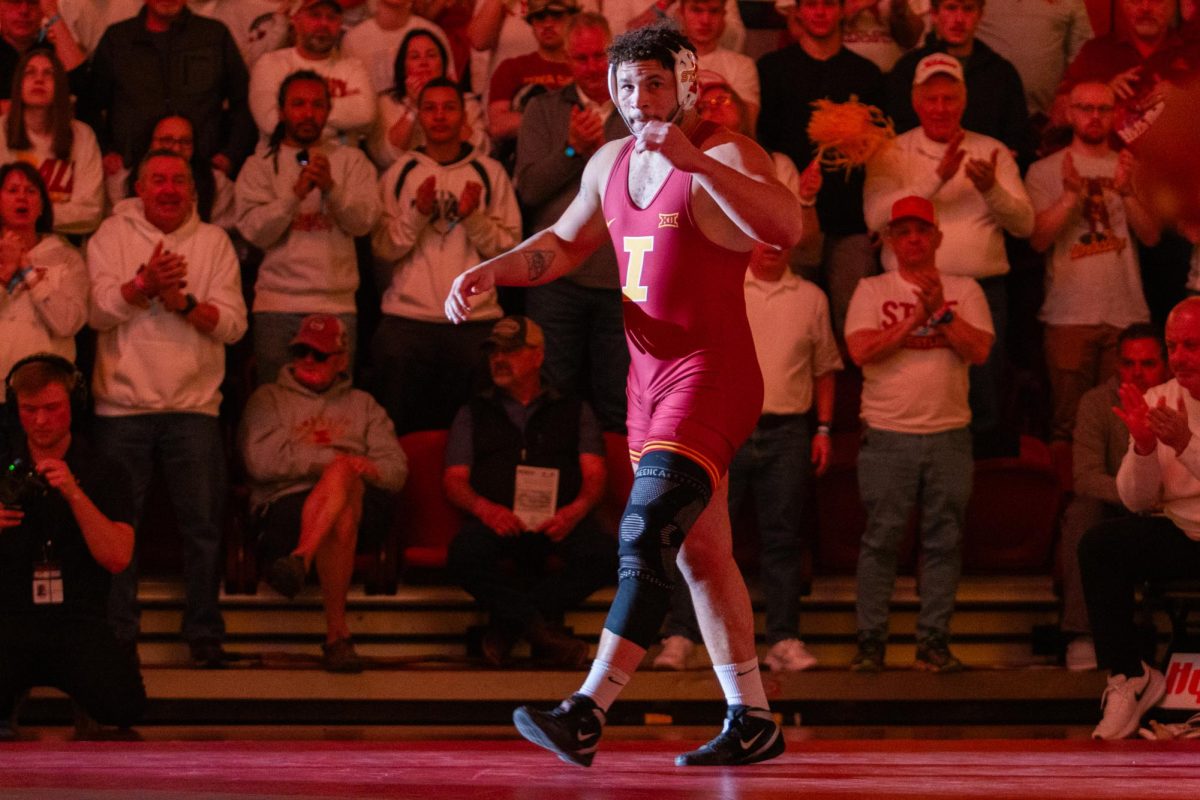 Yonger Bastida is introduced before his match during the Iowa State vs Missouri wrestling dual at Hilton Coliseum, Feb. 25, 2024.