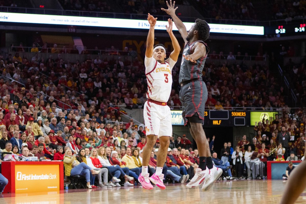 Tamin Lipsey goes up for a shot during the Iowa State vs Oklahoma basketball game at Hilton Coliseum, Feb. 28, 2024.