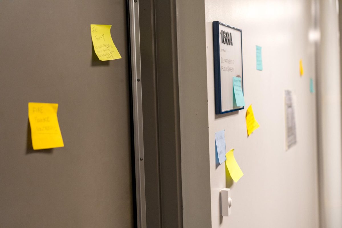 A wall of sticky note demands posted around the Armory by protestors on Feb. 1, 2024. 