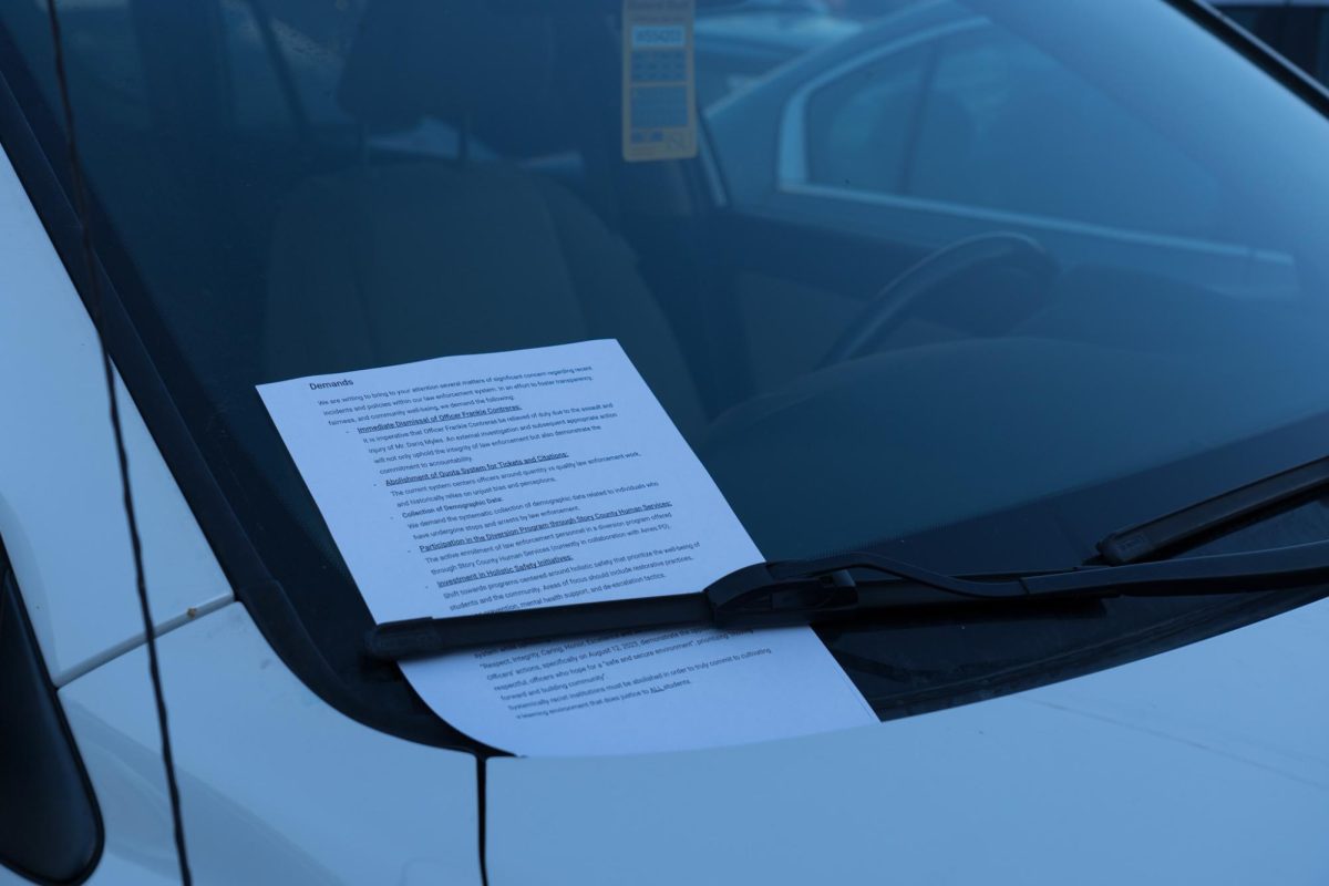 A list of demands placed on a vehicle in the Armory parking lot by protestors on Feb. 1, 2024. 