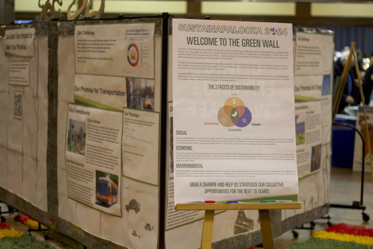 Posters displaying the Green Wall and three facets of sustainability at Sustainapalooza, Feb. 27, 2024. 