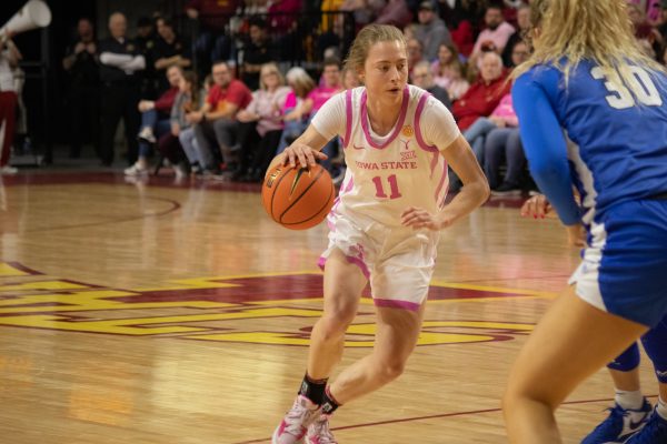 Emily Ryan ran the basketball during the womens basketball vs. BYU game in Hilton Coliseum on Feb. 24, 2024. 
