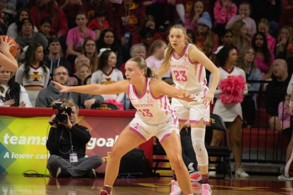 Hannah Belanger and Kelsey Joens watching the ball against BYU in Hilton Coliseum on Feb. 24, 2024. 