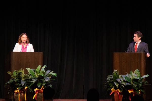 Sen. Sydney Jones (left) and Vice President Quinn Margrett (right) participate in the Iowa State Student Government Vice Presidential Debate on Feb. 6, 2024