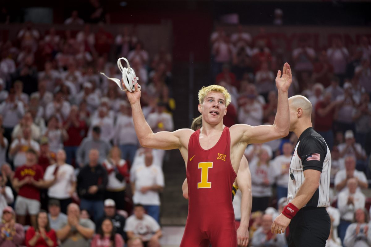 Frost wins his match against Mizzou Iowa State vs Missouri wrestling dual at Hilton Coliseum, Feb. 25, 2024.