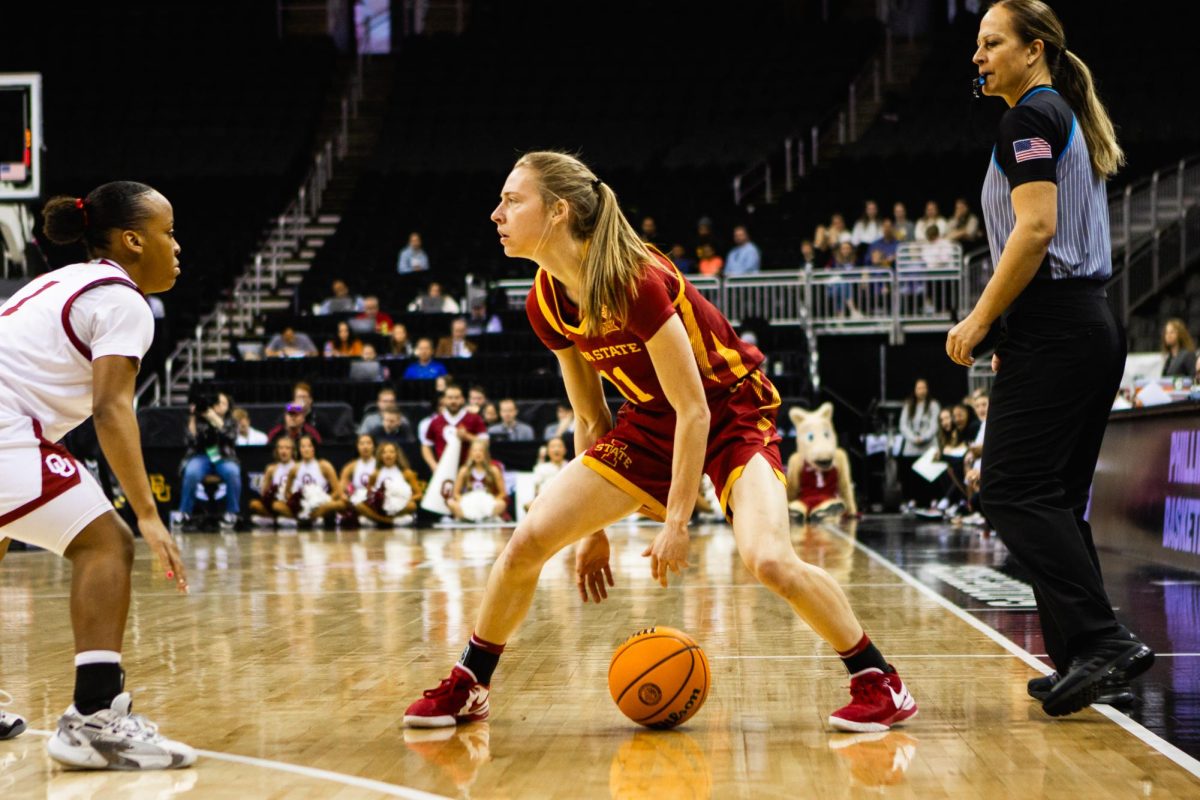 Emily Ryan dribbles the ball during the game against Oklahoma at T-Mobile Center, March 11, 2024.