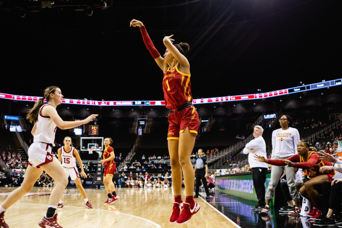 Jaylynn Bristol shoots a 3-pointer during the Iowa State vs. Oklahoma basketball game at T-Mobile Center, March 11, 2024.