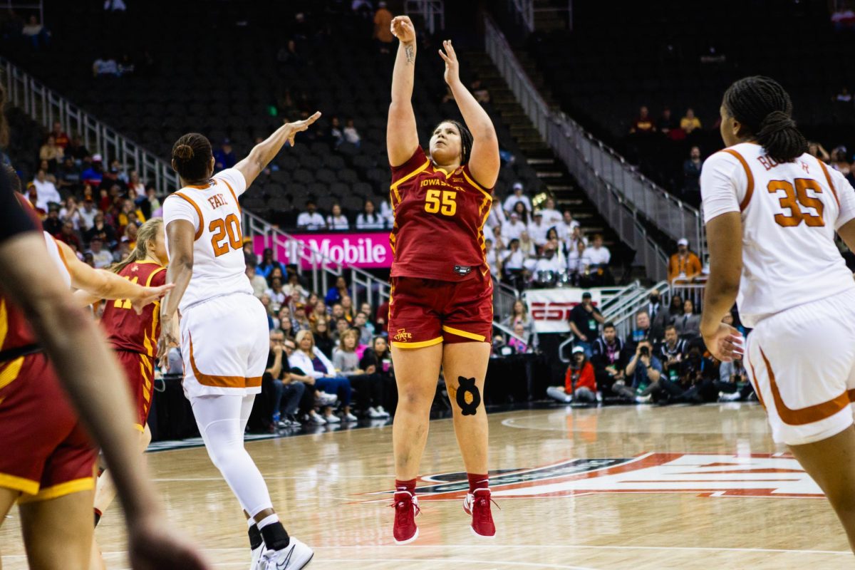 Audi Crooks shoots a three pointer during the Iowa State vs. Texas basketball game at T-Mobile Center, March 12, 2024 in Kansas City, MO.