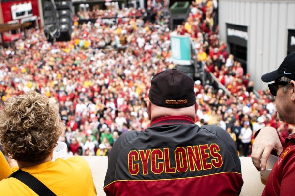 Fans watch the Iowa State pep rally before the Big 12 Tournament Championship game at the Power & Light District in Kansas City, Missouri, on March 16, 2024.