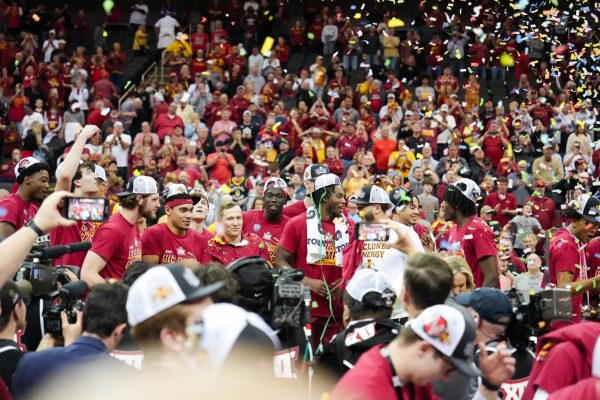 The Iowa State mens basketball team celebrate a 69-41 victory over number one ranked Houston in the Big 12 Championship game, T-Mobile Center, Kansas City, March 16, 2024.