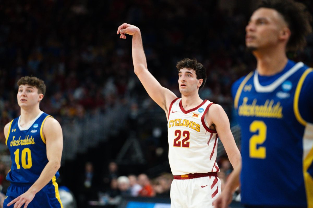 Milan+Momcilovic+watches+his+3-point+attempt+during+the+first-round+game+against+South+Dakota+State+in+the+NCAA+Tournament%2C+March+21%2C+2024+at+CHI+Health+Center+Arena+in+Omaha.