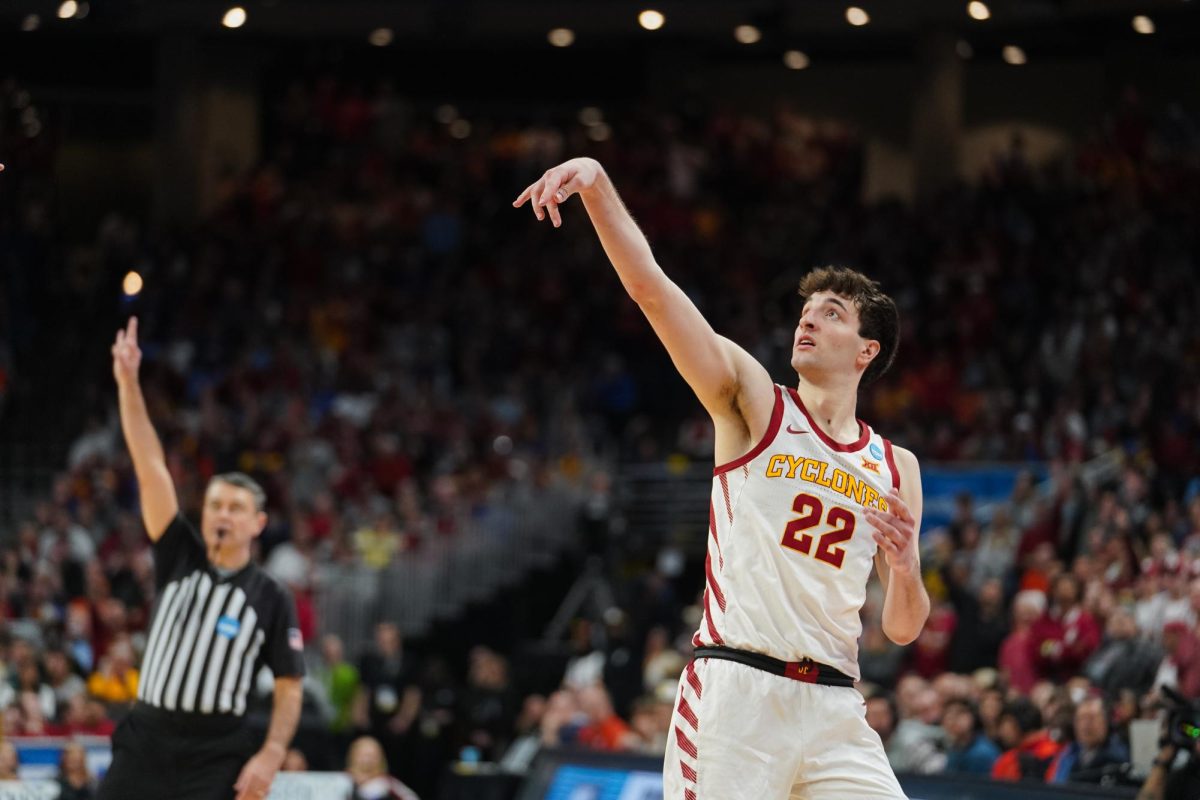 Milan+Momcilovic+watches+his+3-point+attempt+during+the+second-round+game+against+Washington+State+in+the+NCAA+Tournament%2C+March+23%2C+2024+at+CHI+Health+Center+Arena+in+Omaha.+