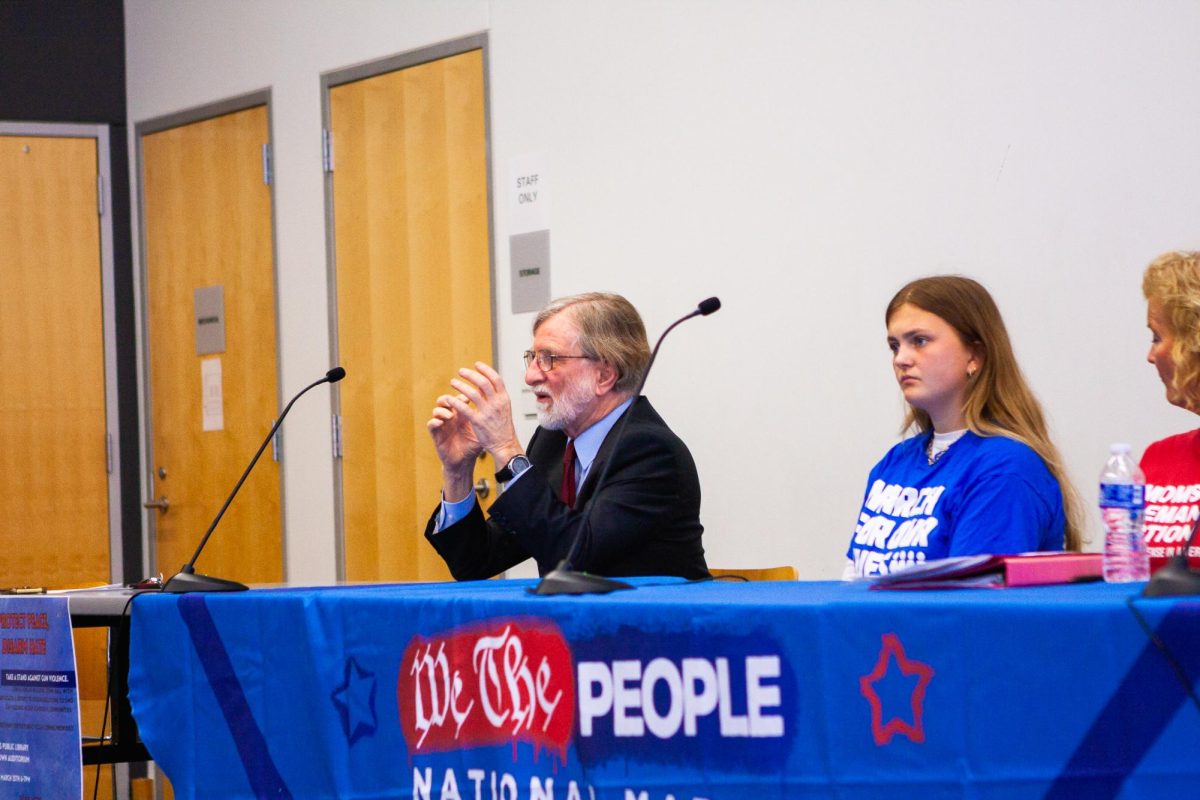 State Sen. Herman Quirmbach and Hannah Hayes at the Protect Peace, Disarm Hate- Community Gun Reform Panel at the Ames Public Library on March 25, 2024.