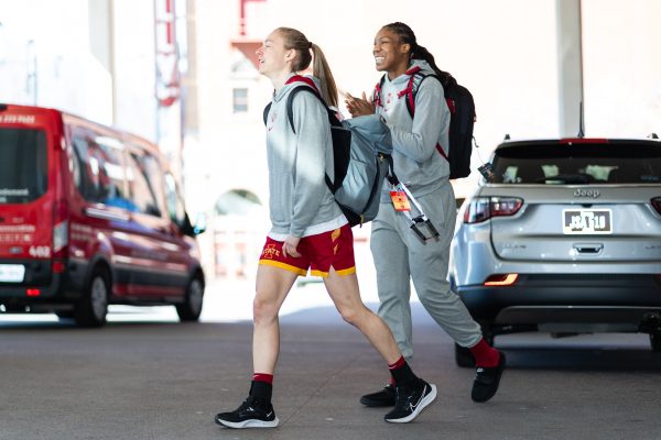 Emily Ryan (Left) and Isnelle Natabou (Right) walk to the team bus heading to face Oklahoma on March 11, 2024 in Kansas City for the Big 12 Tournament.