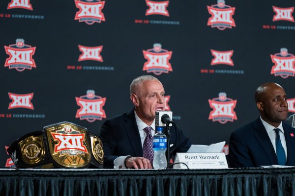 Big 12 Conference Commissioner Brett Yormark  speaks to the press during the Big 12 Tournament press conference on March 12, 2024, at the T-Mobile Center.