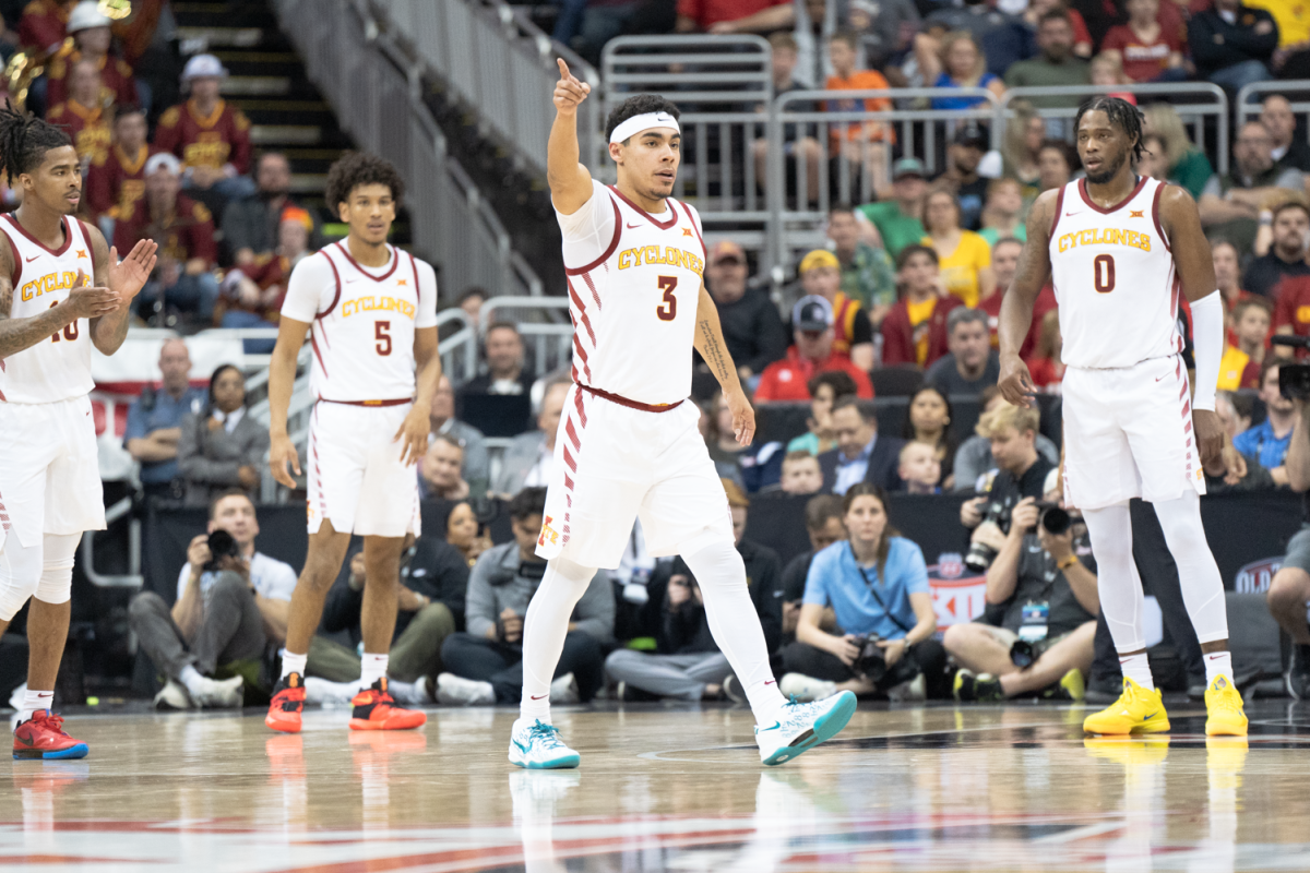 Tamin Lipsey points towards the Iowa State side of the court at the mens basketball Big 12 tournament semifinal game against Baylor, T-Mobile Center, Kansas City, March 15, 2024.
