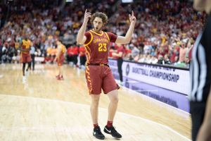Conrad Hawley hypes up the crowd moments before Iowa State wins the Big 12 Championship at the mens basketball Big 12 Championship game against Houston, T-Mobile Center, Kansas City, March 16, 2024.
