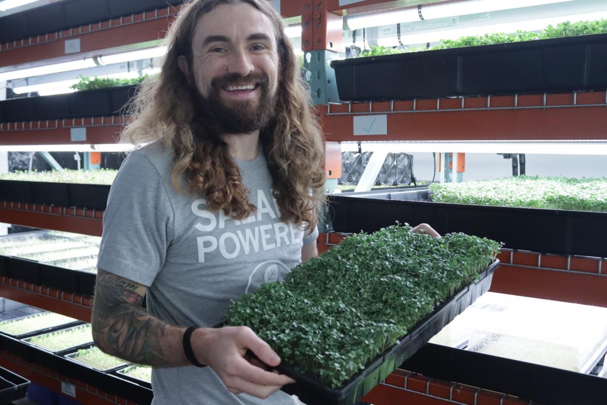 Clayton Mooney holding up tray of greens at the Clayton Farms Salads location