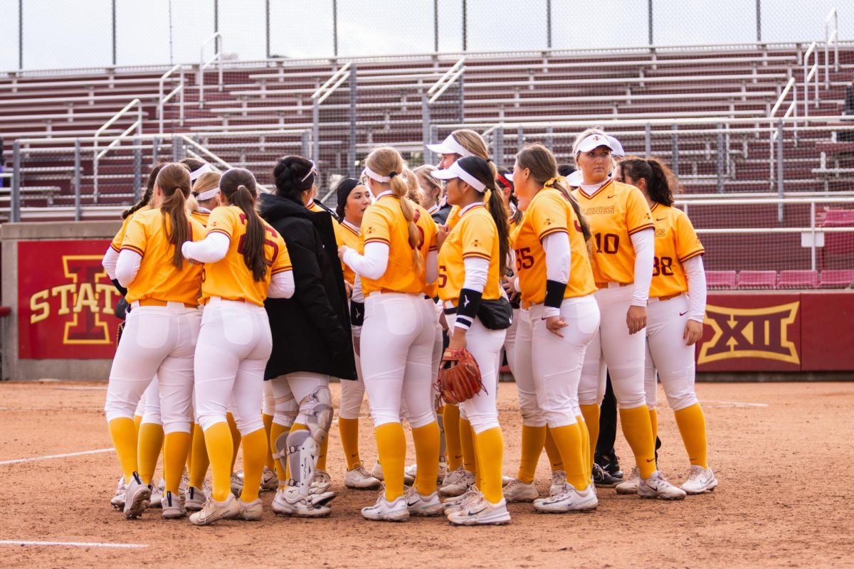 The Iowa State softball team during the Iowa State vs. UNI softball game at Cyclones Sports Complex, April 2, 2024.