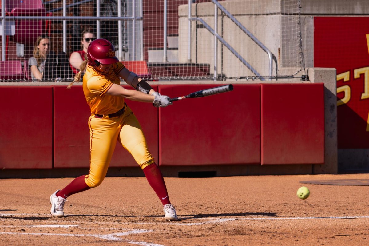 Ashley Minor hits a single during the Iowa State vs. DePaul softball game at Cyclones Sports Complex, April 9, 2024.