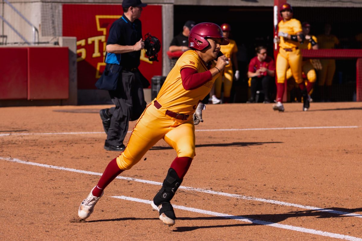Alesia+Ranches+rounds+first+base+during+the+Iowa+State+vs.+DePaul+softball+game+at+Cyclones+Sports+Complex%2C+April+9%2C+2024.