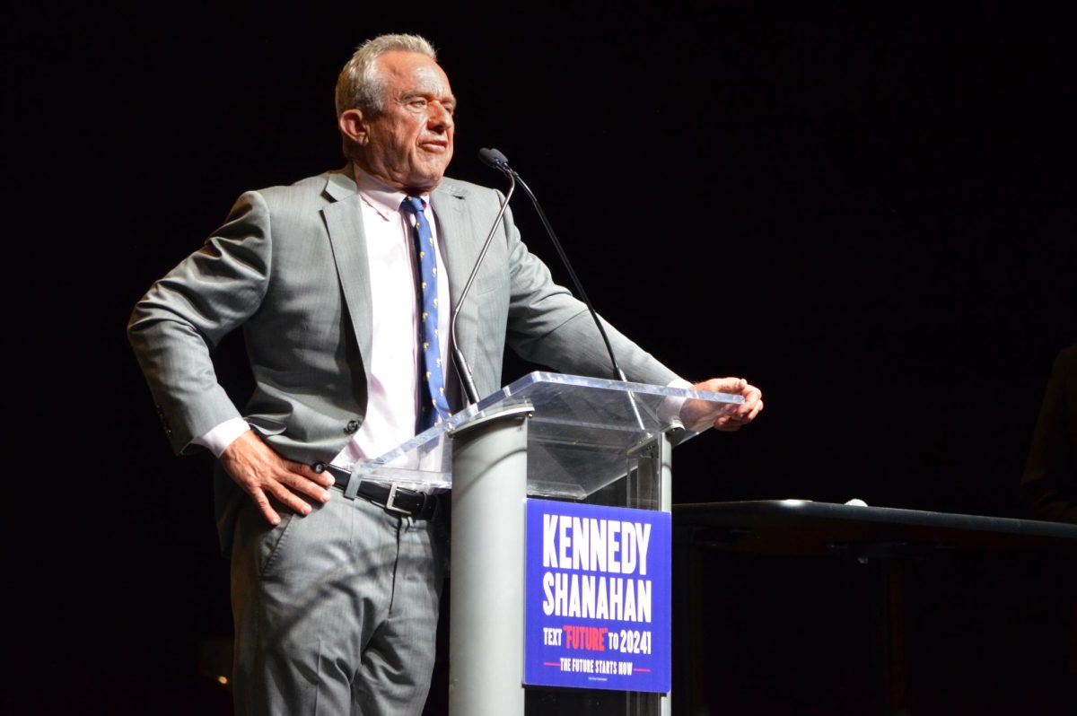 Robert F. Kennedy Jr. speaks during his Iowa Assembly at the Val Air Ballroom in West Des Moines on Saturday, April 13, 2024.
