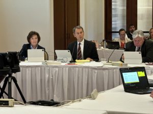 Regents Nancy Dunkel, David Barker and Jim Lindenmayer participate in a Board of Regents meeting at the Alumni Center on April 24, 2024. 