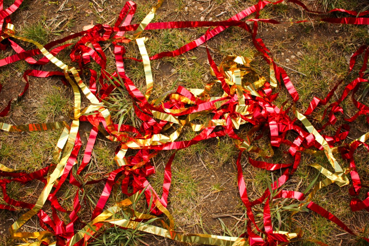 Red and Gold ribbons spread on the ground after celebration. April 4th, 2024 Veterinary Diagnostic Laboratory