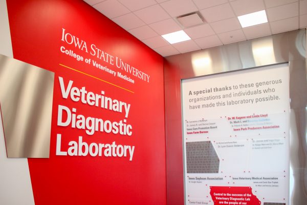 Sign featured in a staircase near the entrance of the building. April 4th, 2024 Veterinary Diagnostic Laboratory