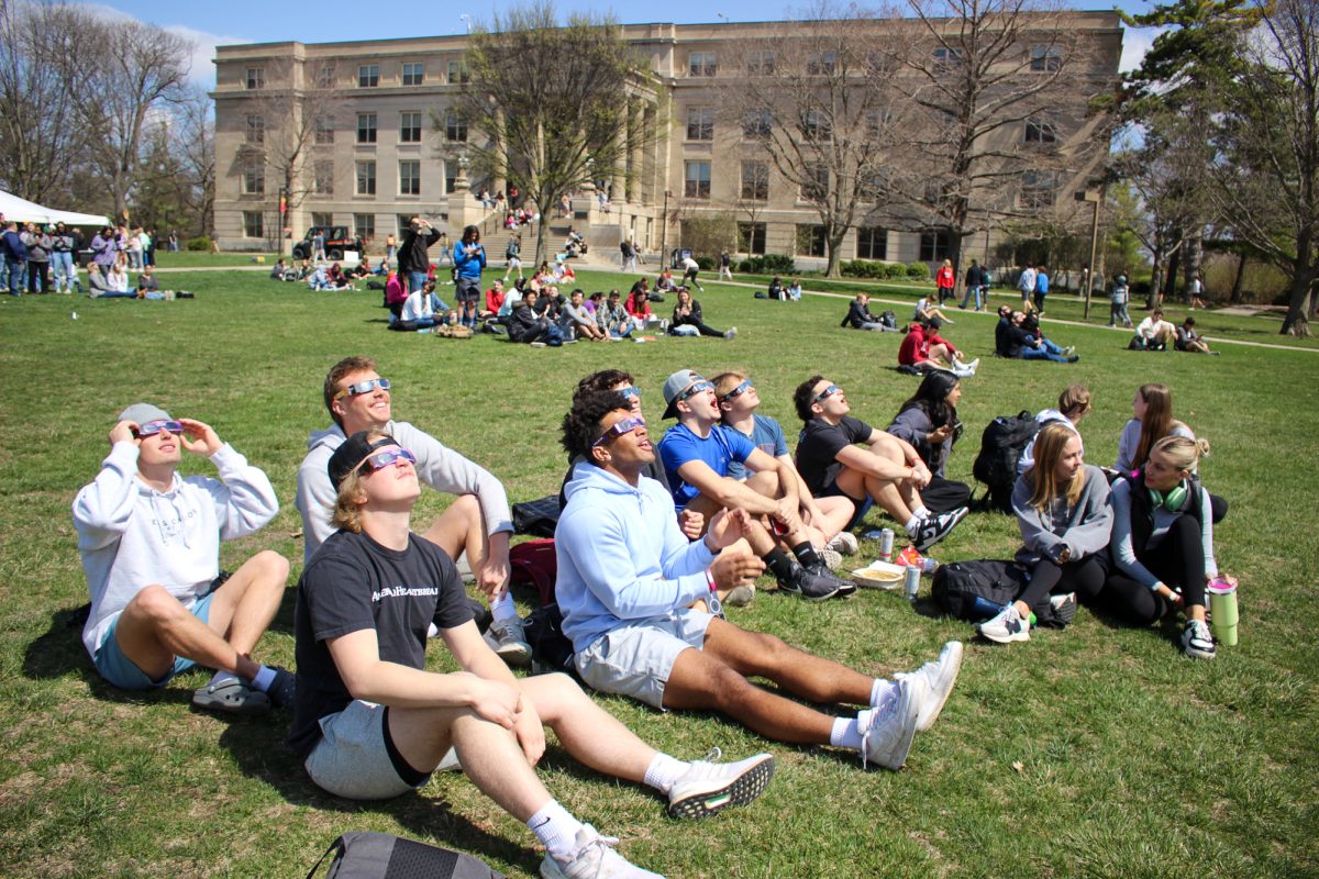 Central campus is filled with students to watch the eclipse. Iowa State University central campus, April 8th 2024.