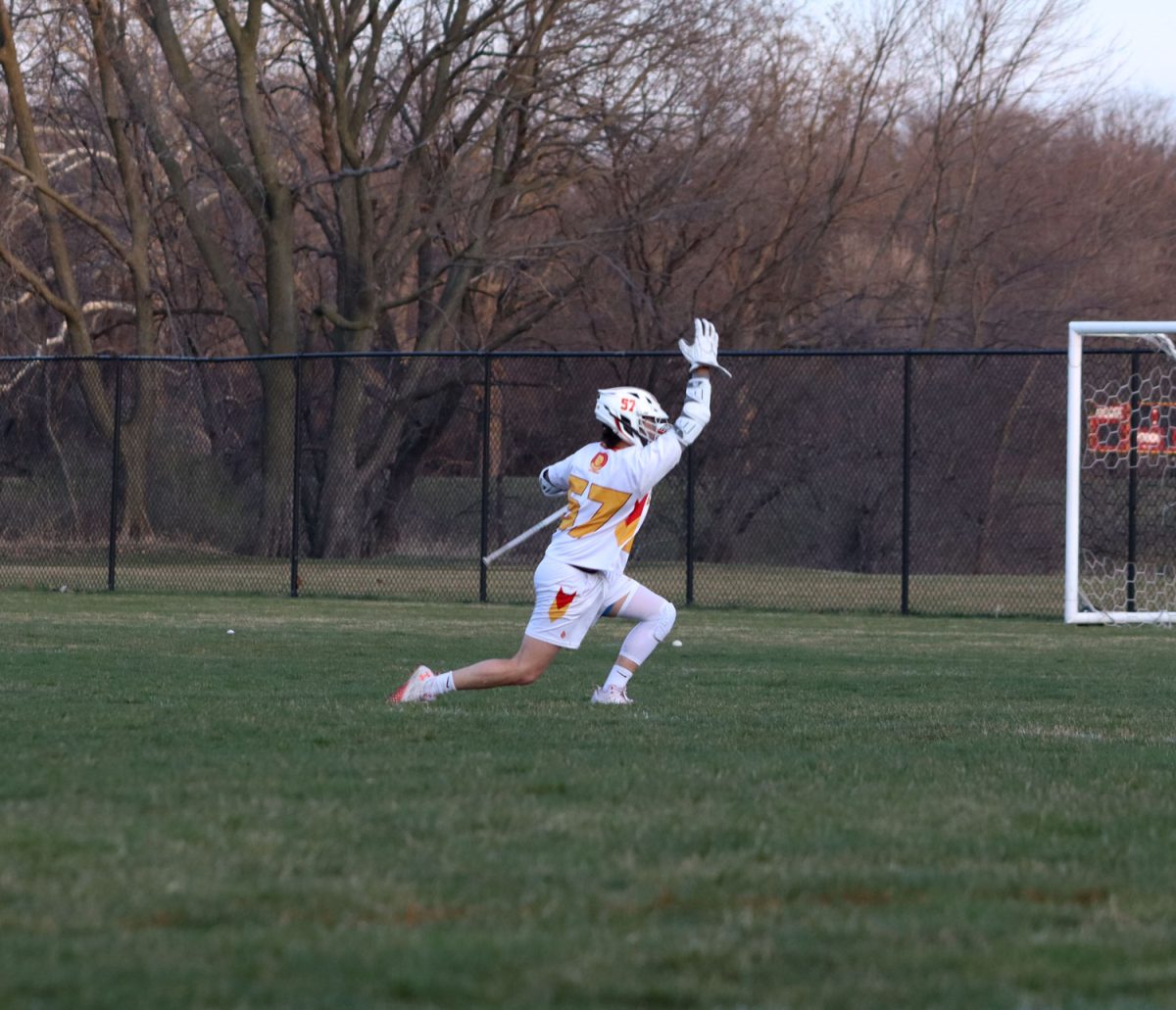 Tristan Telles celebrates after he makes a goal at the Iowa State vs. Illinois lacrosse game, April 5, 2024 at the Lied  Recreation Center. 