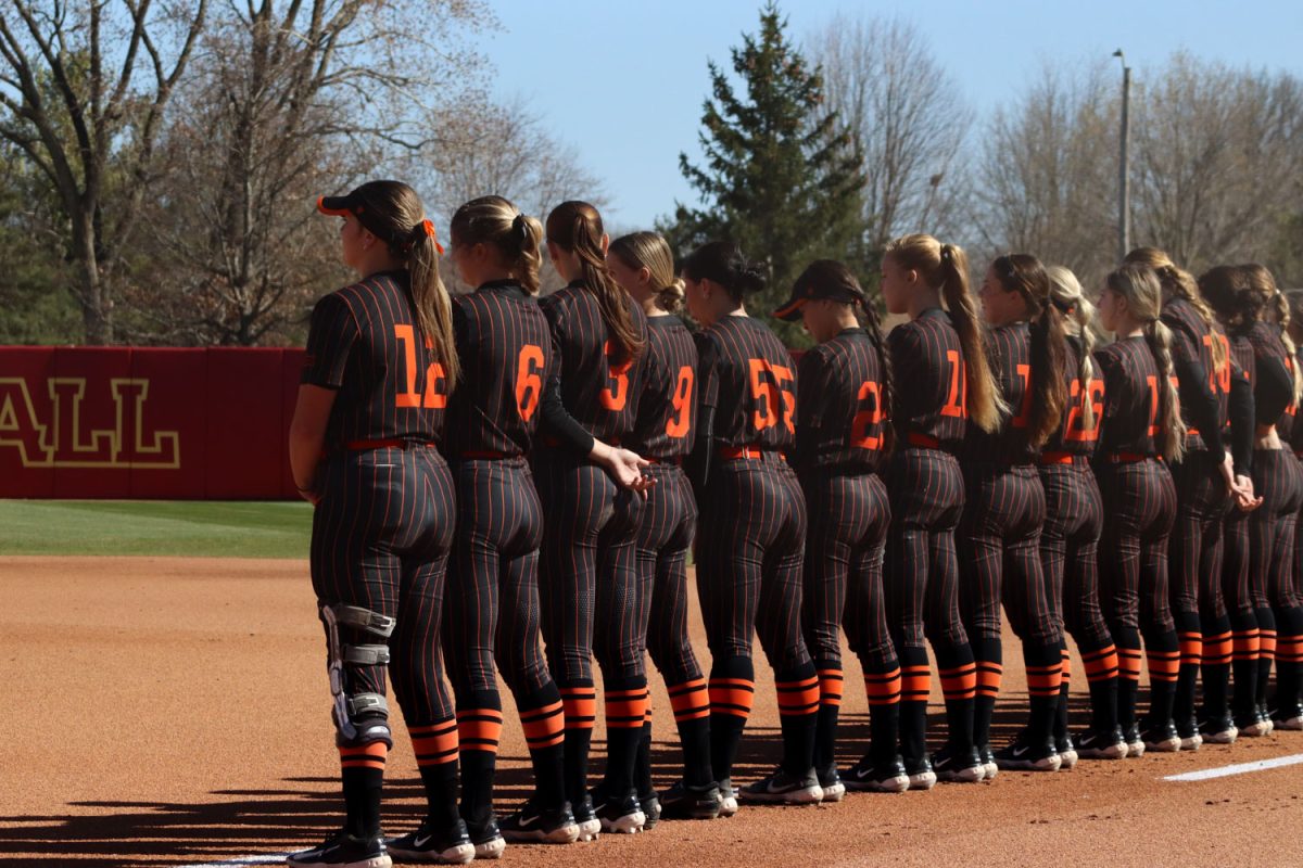 Oklahoma State lines up for the National Anthem before the Iowa State vs. Oklahoma State game at the Cyclones Sports Complex, April 12, 2024.