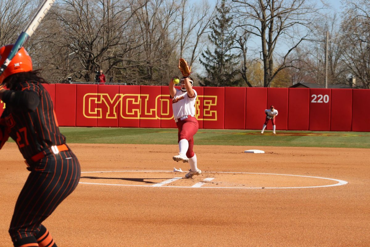 Lauren Schurman pitches the ball during the Iowa State vs. Oklahoma State game at the Cyclones Sports Complex, April 12, 2024.