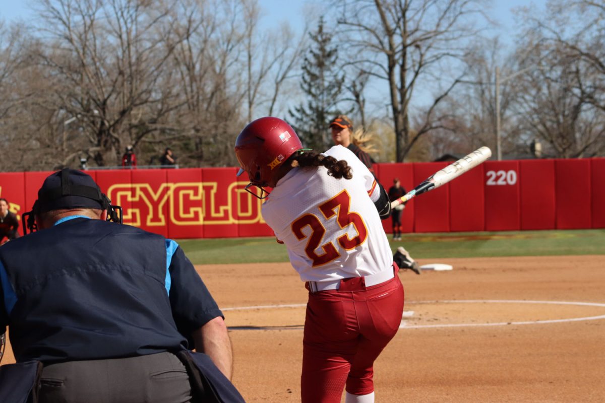 Angelina Allen swings her bat looking to make contact with the ball Iowa State vs. Oklahoma State game at the Cyclones Sports Complex, April 12, 2024.