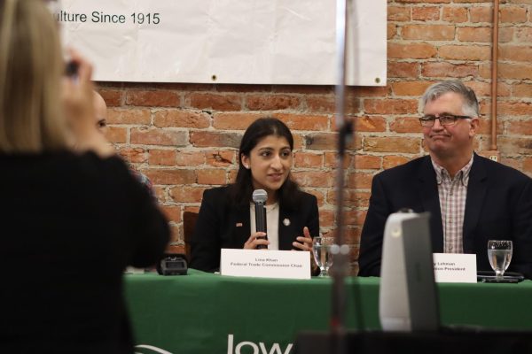 FTC Chair Lina Khan speaking to the audience at a listening session in Nevada, Iowa, on April 20, 2024.
