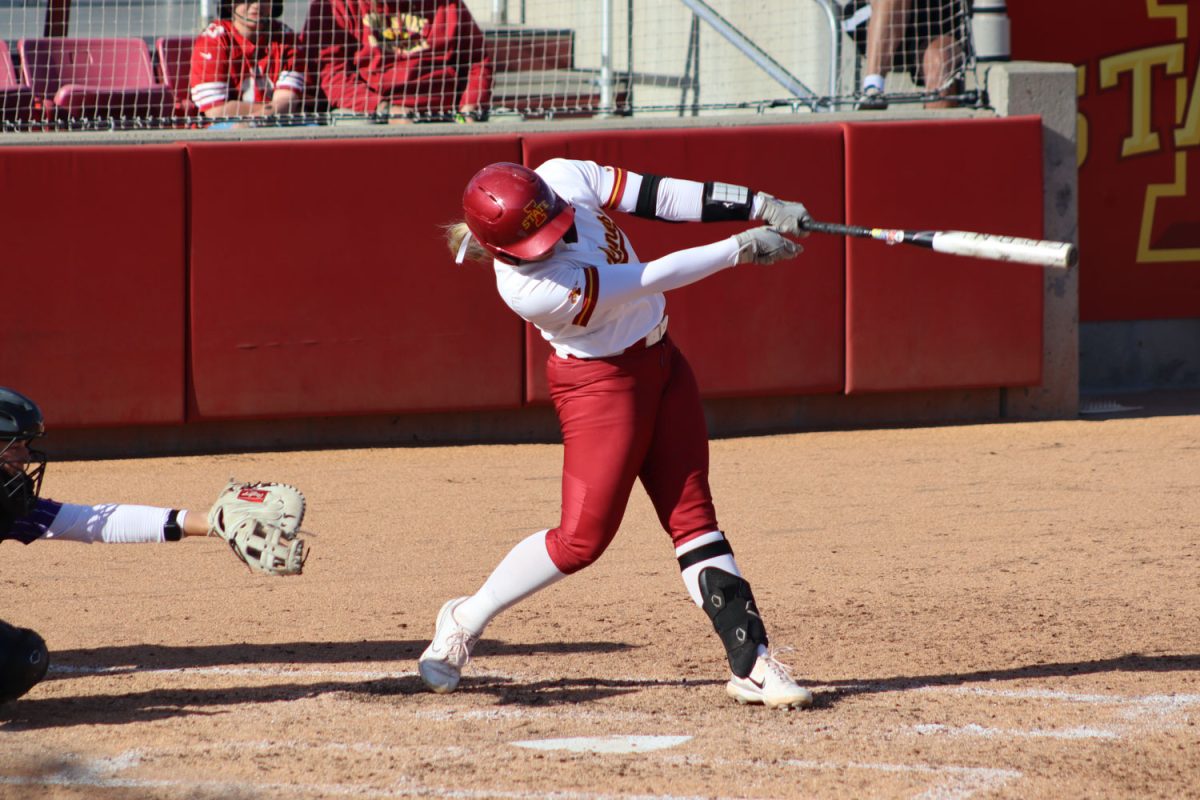 Sophomore, Ashley Minor up to bat at the Iowa State vs. St. Thomas game at the Cyclones Sports Complex, April 23, 2024.
